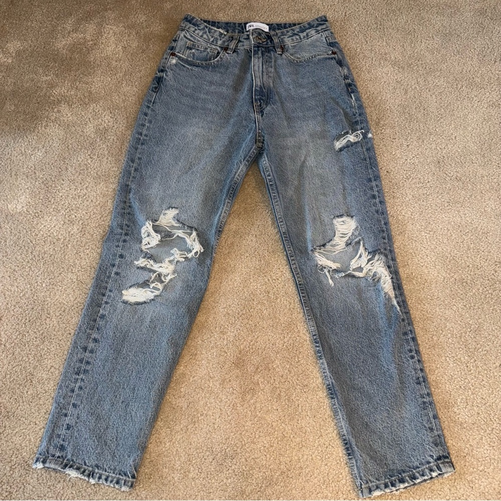 Zara High Waist Light Wash Distressed Denim Mom Jeants